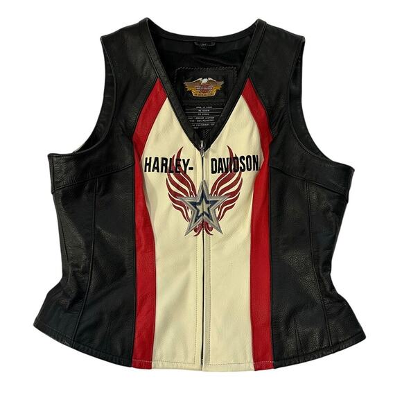 Harley Davidson Vest Rapid City Cream Red Leather Zip Front Riding - Picture 1 of 7